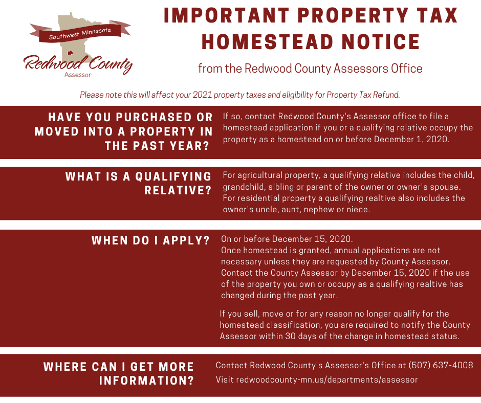 Property Tax Homestead Notice FB Post 2020 Redwood County, MN