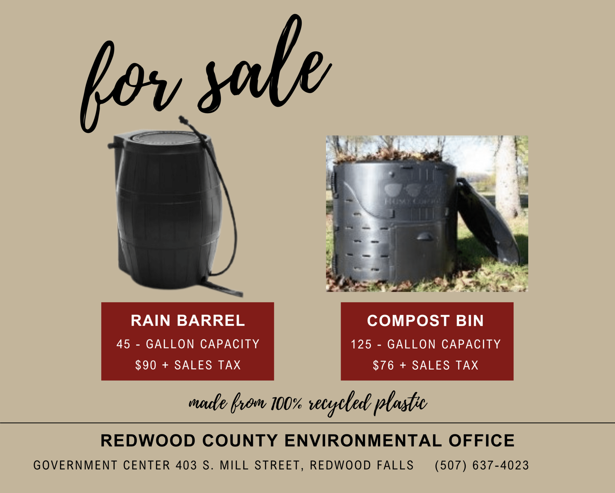 Rain Barrel and Compost Bins for Sale Redwood County, MN